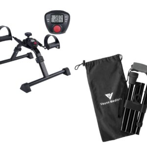 Vaunn Medical Mobility Assistance Bundle - Electronic Pedal Exerciser and Folding Walking Cane