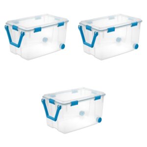 sterilite 120 qt wheeled gasket box, stackable storage bin with latching lid, handle and tight seal, plastic container with clear base and lid, 3-pack