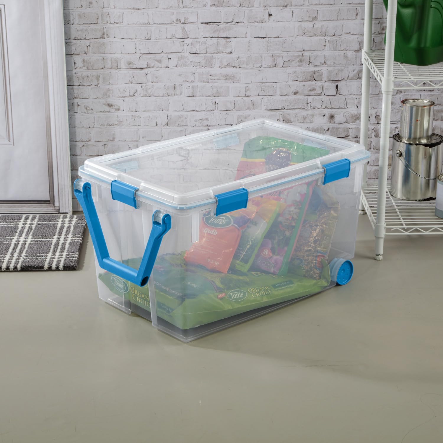 Sterilite 120 Qt Wheeled Gasket Box, Stackable Storage Bin with Latching Lid, Handle and Tight Seal, Plastic Container with Clear Base and Lid, 3-Pack