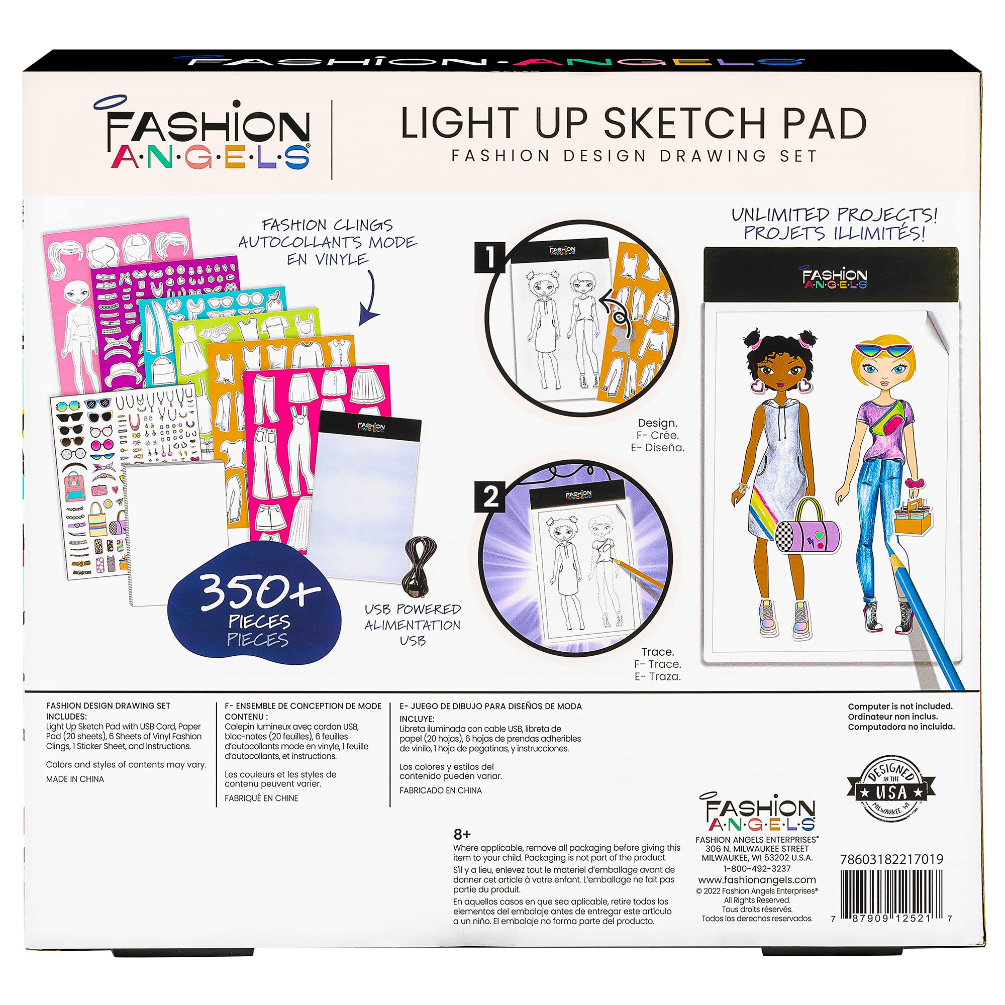 Fashion Angels Fashion Design Light Up Sketch Pad 12521, Light Up Tracing Pad, Includes USB, Ultra Thin Tablet, Includes Stencils and Stickers, Recommended for Ages 8 And Up