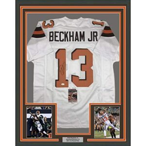 Framed Autographed/Signed Odell Beckham Jr. 33x42 Cleveland White Football Jersey JSA COA