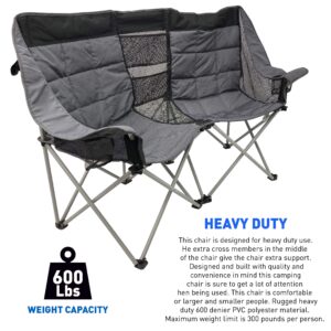 EasyGo Product Camping Chair - Double Love Seat Heavy Duty Oversized - Folds Easily and is Padded, Black Grey