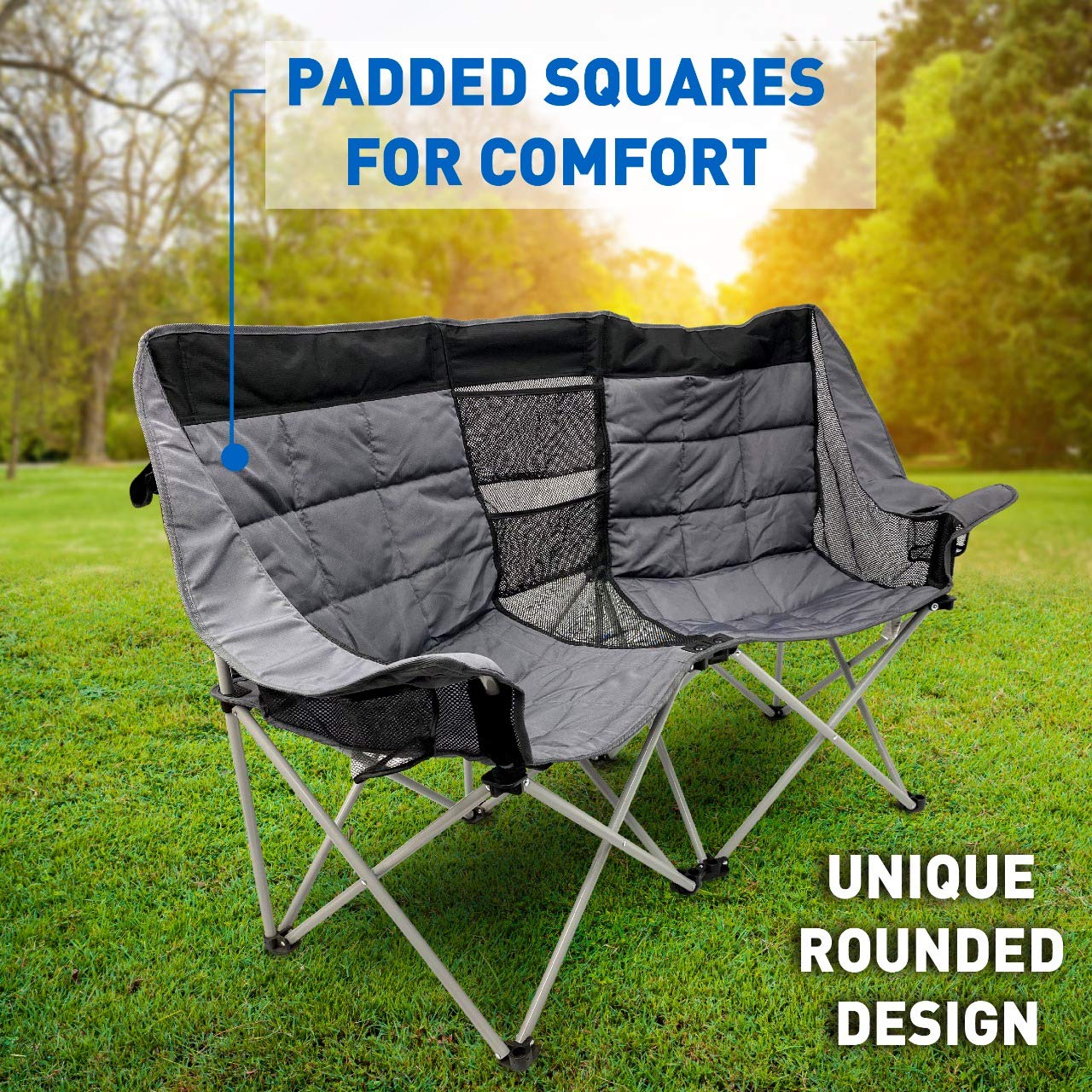 EasyGo Product Camping Chair - Double Love Seat Heavy Duty Oversized - Folds Easily and is Padded, Black Grey