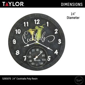 Taylor Cocktail Poly Resin Indoor and Outdoor Clock and Thermometer, 14 Inch, Multi-Color