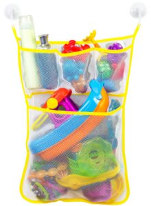 s&t inc. baby bath toy storage for tub with pockets, kids bath toy holder or mesh shower caddy, holds kid toys, soaps, or shampoos, 14 inch by 20 inch net with hooks included, yellow, 1 pack