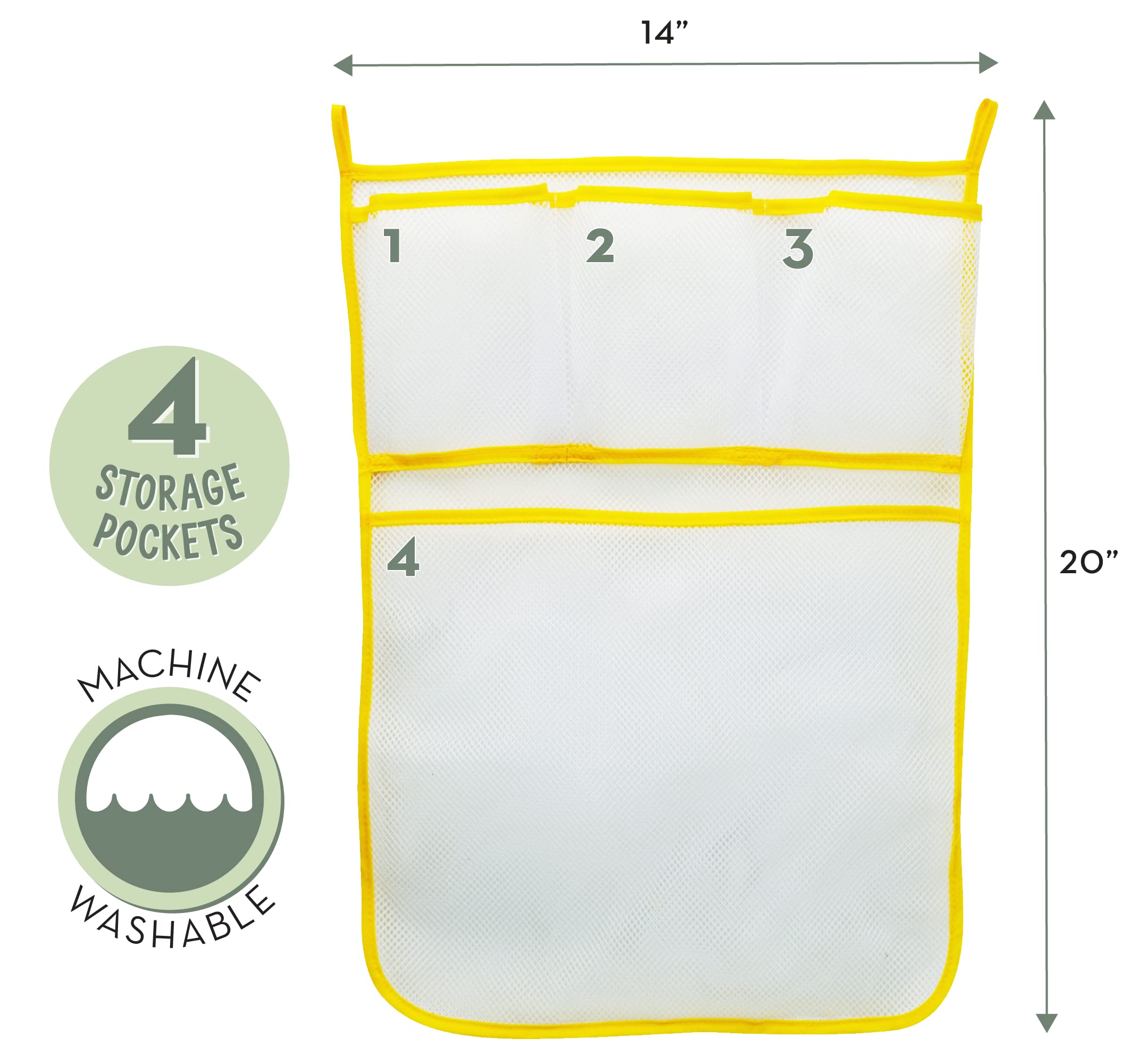 S&T INC. Baby Bath Toy Storage for Tub with Pockets, Kids Bath Toy Holder or Mesh Shower Caddy, Holds Kid Toys, Soaps, or Shampoos, 14 Inch by 20 Inch Net with Hooks Included, Yellow, 1 Pack