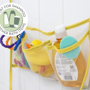 S&T INC. Baby Bath Toy Storage for Tub with Pockets, Kids Bath Toy Holder or Mesh Shower Caddy, Holds Kid Toys, Soaps, or Shampoos, 14 Inch by 20 Inch Net with Hooks Included, Yellow, 1 Pack