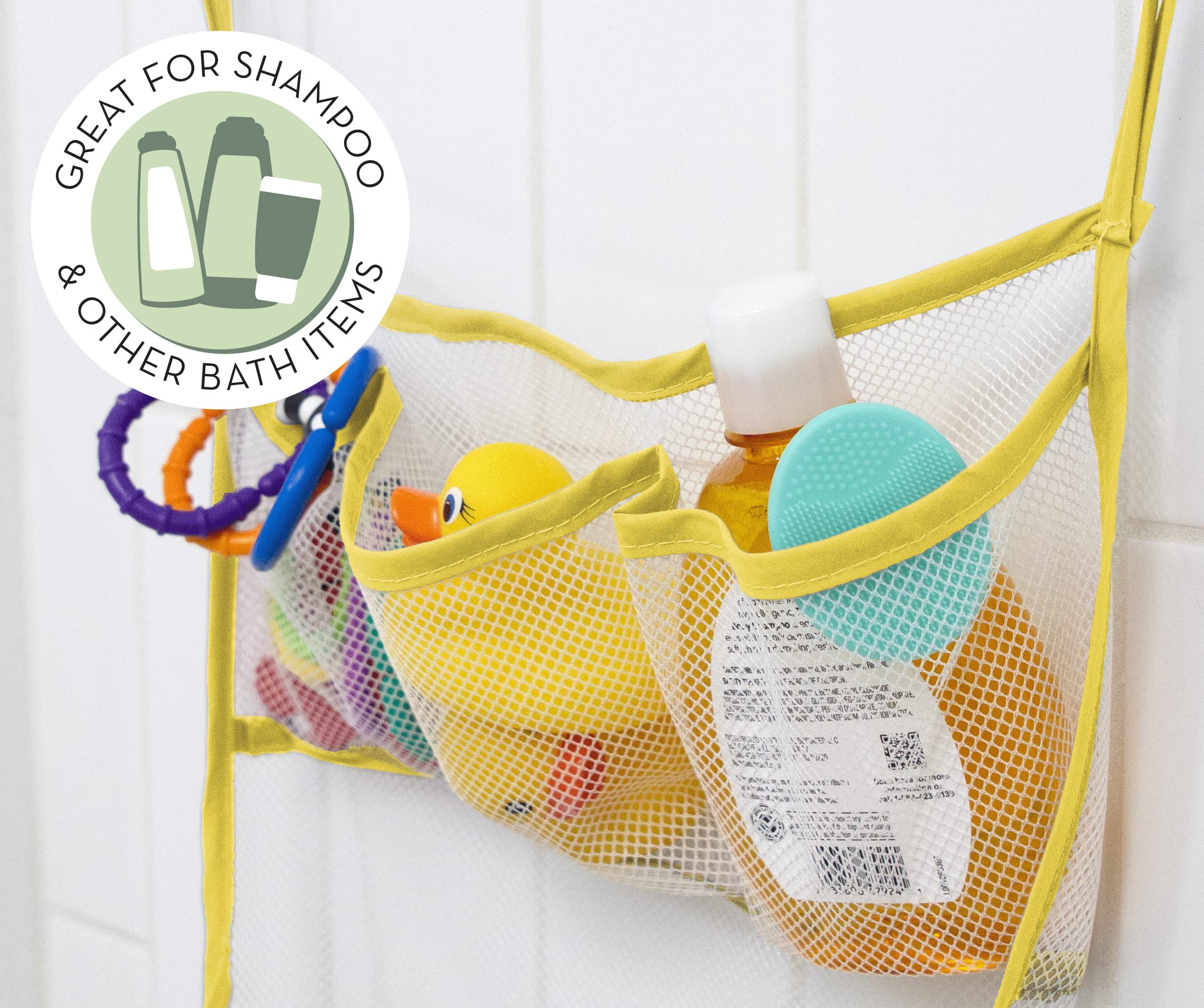 S&T INC. Baby Bath Toy Storage for Tub with Pockets, Kids Bath Toy Holder or Mesh Shower Caddy, Holds Kid Toys, Soaps, or Shampoos, 14 Inch by 20 Inch Net with Hooks Included, Yellow, 1 Pack