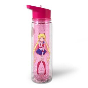 just funky sailor moon crystal double-walled water bottle | 18 oz plastic travel beverage container | includes glitter wall | home deco | anime water bottle | officially licensed