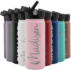 amazing items personalized water bottle w/straw & lid, 18 oz - pink | custom stainless steel sports water bottle w/name and text - double-wall, vacuum insulated - rotating handle