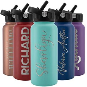 amazing items personalized water bottle w/straw & lid, 32 oz - teal | custom stainless steel sports water bottle w/name and text - double-wall, vacuum insulated - rotating handle