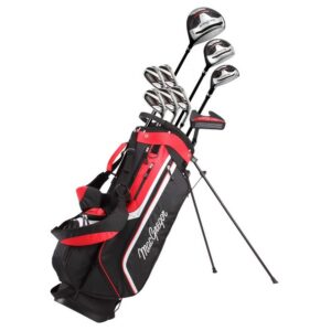 macgregor golf cg3000 mens golf club package set & golf club cart bag, black/red, right steel irons/graphite woods regular grips