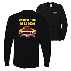 who's the boss yellow 1969 mustang 302 cars and trucks front and back mens long sleeve shirt, black, large