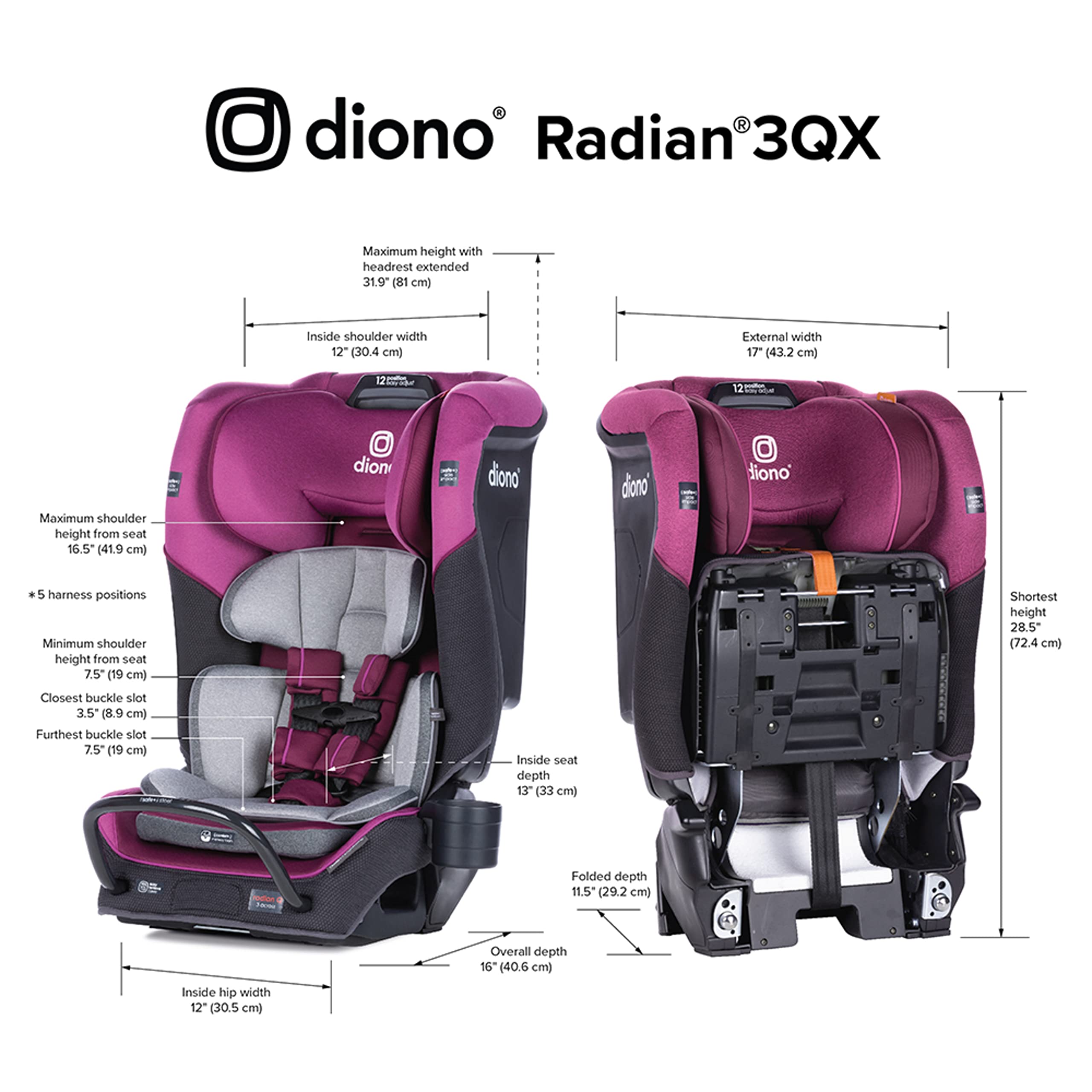 Diono Radian 3QX 4-in-1 Rear & Forward Facing Convertible Car Seat, Safe+ Engineering 3 Stage Infant Protection, 10 Years 1 Car Seat, Ultimate Protection, Slim Fit 3 Across, Purple Plum