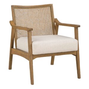 osp home furnishings alania wood accent chair with cane back, arms and padded seat, linen fabric with coastal wash frame