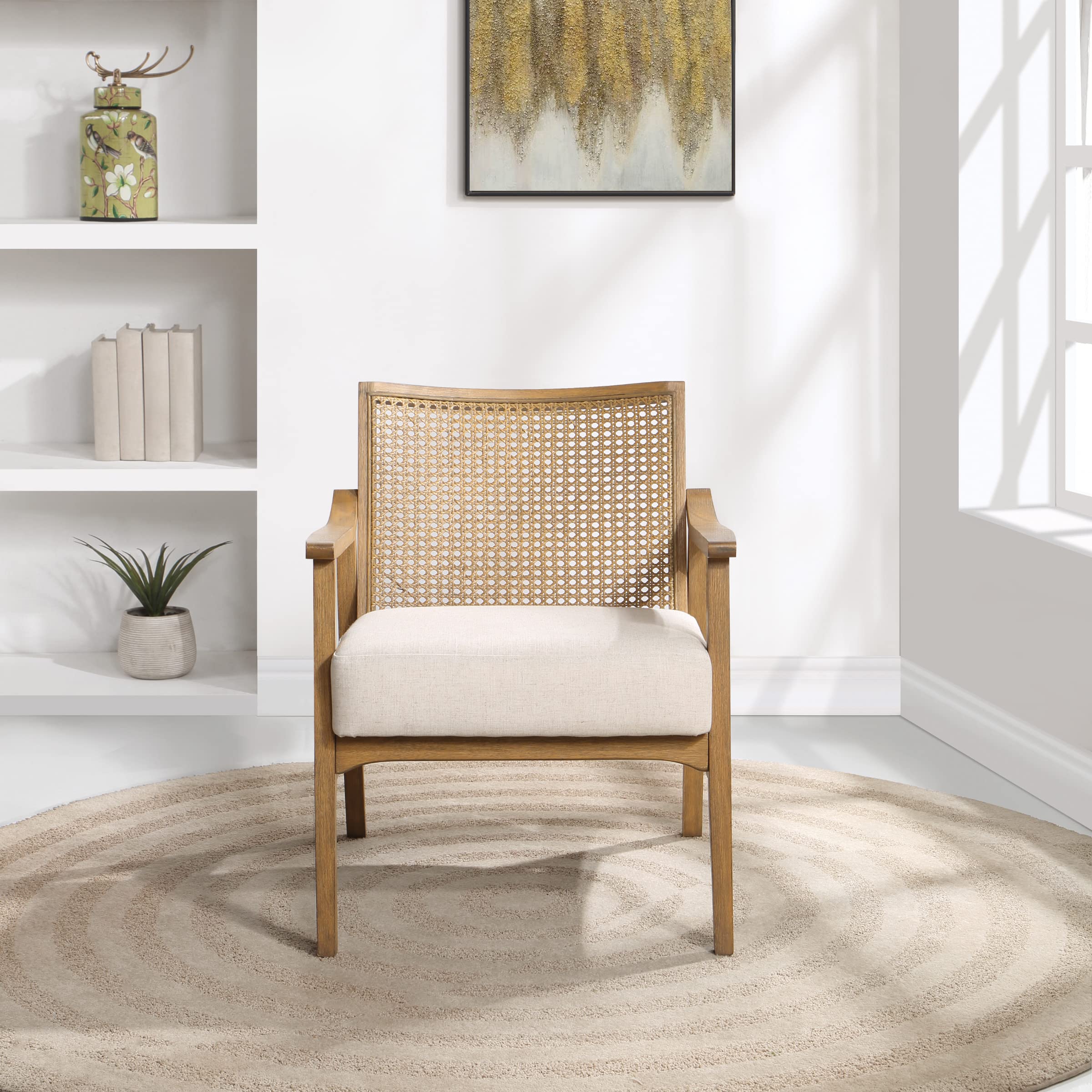 OSP Home Furnishings Alania Wood Accent Chair with Cane Back, Arms and Padded Seat, Linen Fabric with Coastal Wash Frame