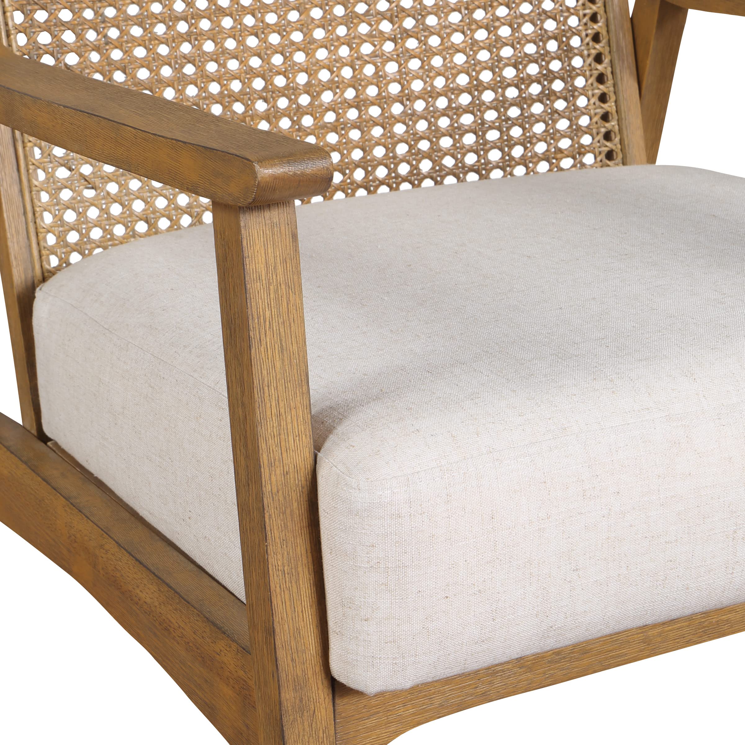 OSP Home Furnishings Alania Wood Accent Chair with Cane Back, Arms and Padded Seat, Linen Fabric with Coastal Wash Frame