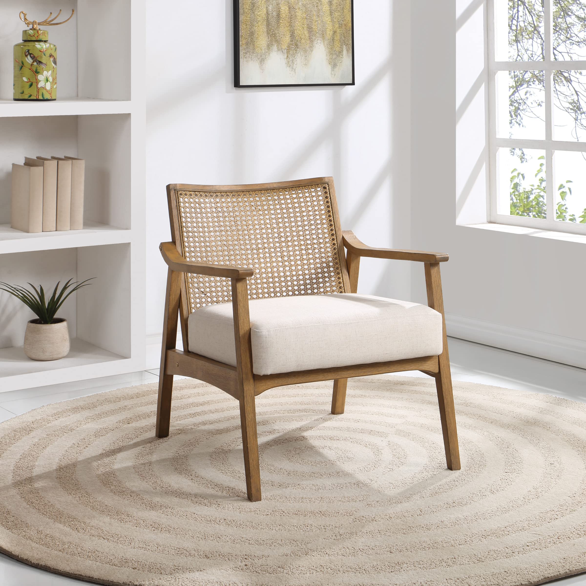 OSP Home Furnishings Alania Wood Accent Chair with Cane Back, Arms and Padded Seat, Linen Fabric with Coastal Wash Frame