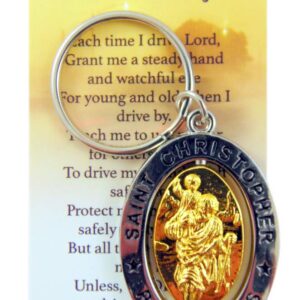 St Christopher Metal Keychain Travel Saint Key Ring with Motorist Prayer Holy Card Set