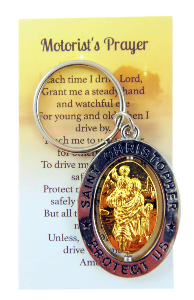 St Christopher Metal Keychain Travel Saint Key Ring with Motorist Prayer Holy Card Set