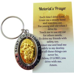 St Christopher Metal Keychain Travel Saint Key Ring with Motorist Prayer Holy Card Set