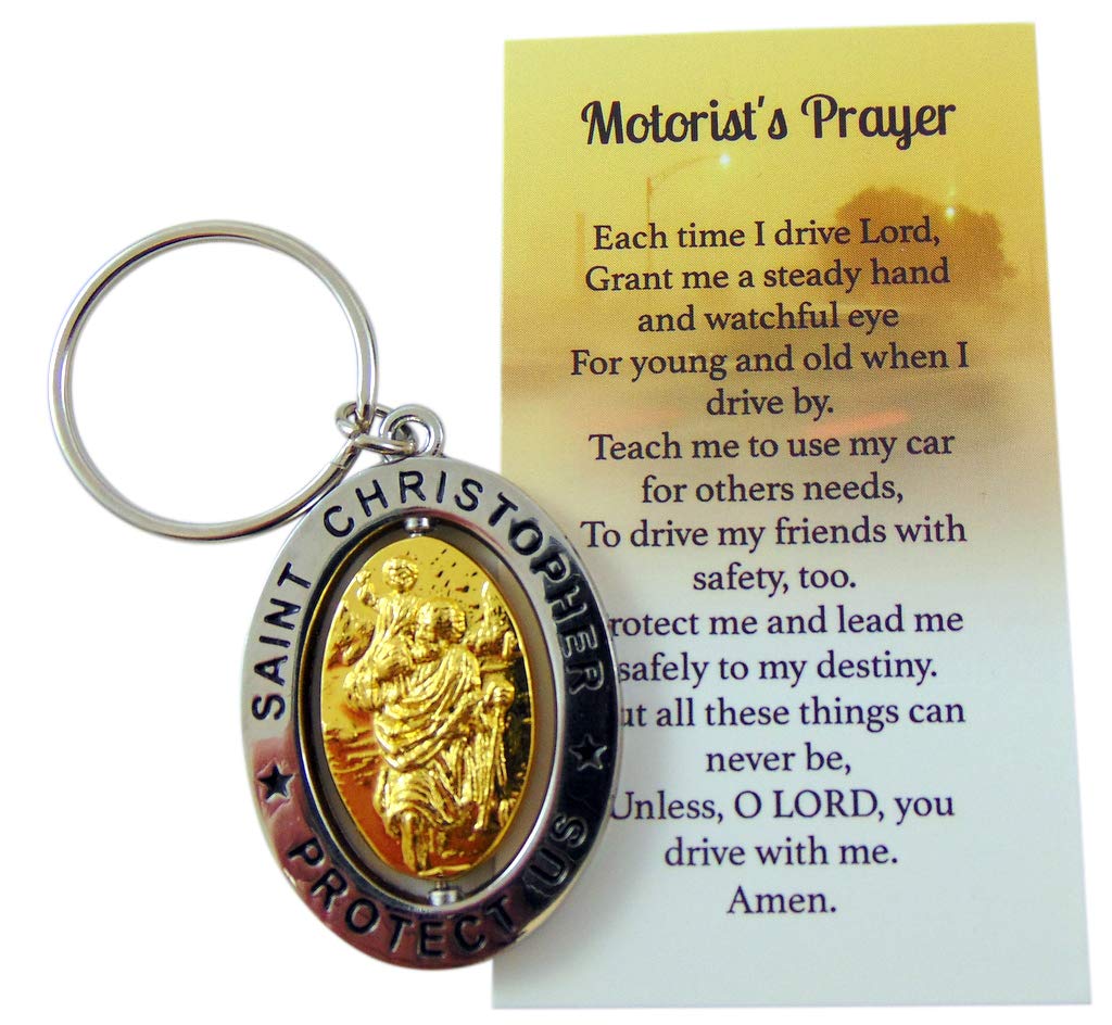 St Christopher Metal Keychain Travel Saint Key Ring with Motorist Prayer Holy Card Set