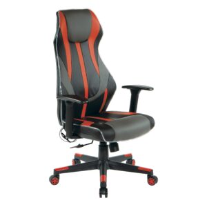 osp home furnishings gigabyte high-back led lit gaming chair, black faux leather with red trim and accents