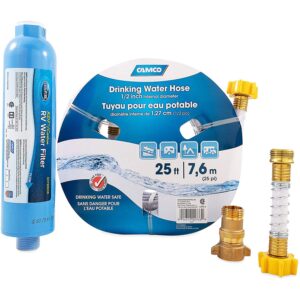 camco camper/rv water filtration kit | inline water filter kit reduces bad taste, odor, chlorine & sediment | ideal for rvs, campers, travel trailers, boats | made in the usa | (40010)