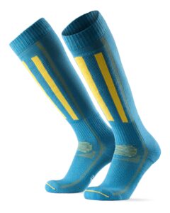 danish enurance merino wool performance ski socks for men, women & kids, blue/yellow, us kids 13-3