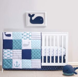 the peanutshell nautical crib bedding set for baby boys or girls - 3 piece unisex nursery set - crib quilt, crib sheet, crib skirt