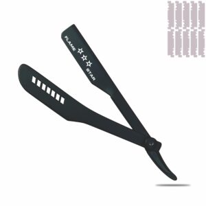 black straight edge barber razor, durable plastic handle slide out razor for men with 10 blades by "flame star''