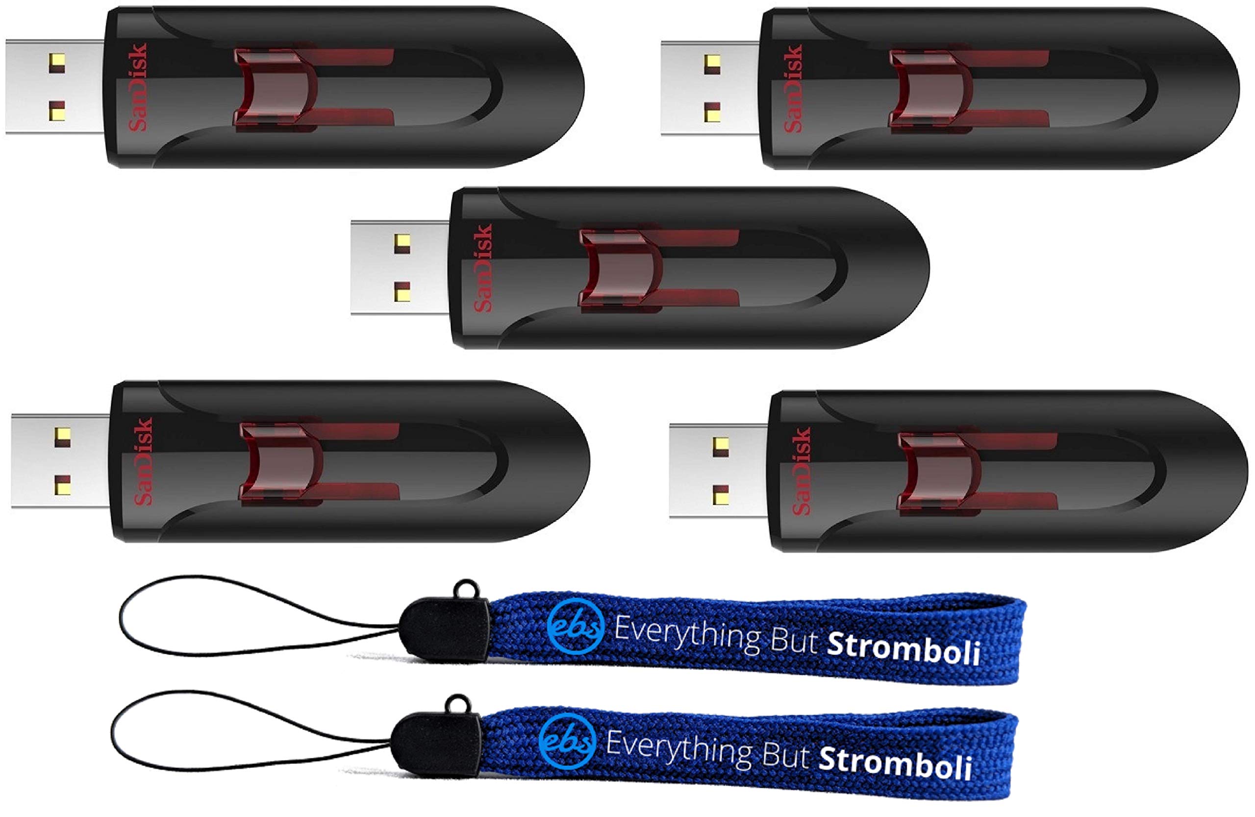 SanDisk 256GB Cruzer Glide 3.0 USB Flash Drive (5 Pack) Laptop Computer Pen Drive (SDCZ600-256G-G35) Bundle with (2) Everything But Stromboli Lanyards