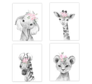 baby girl nursery wall art pink floral safari animals elephant giraffe lion zebra room decor 4 unframed prints