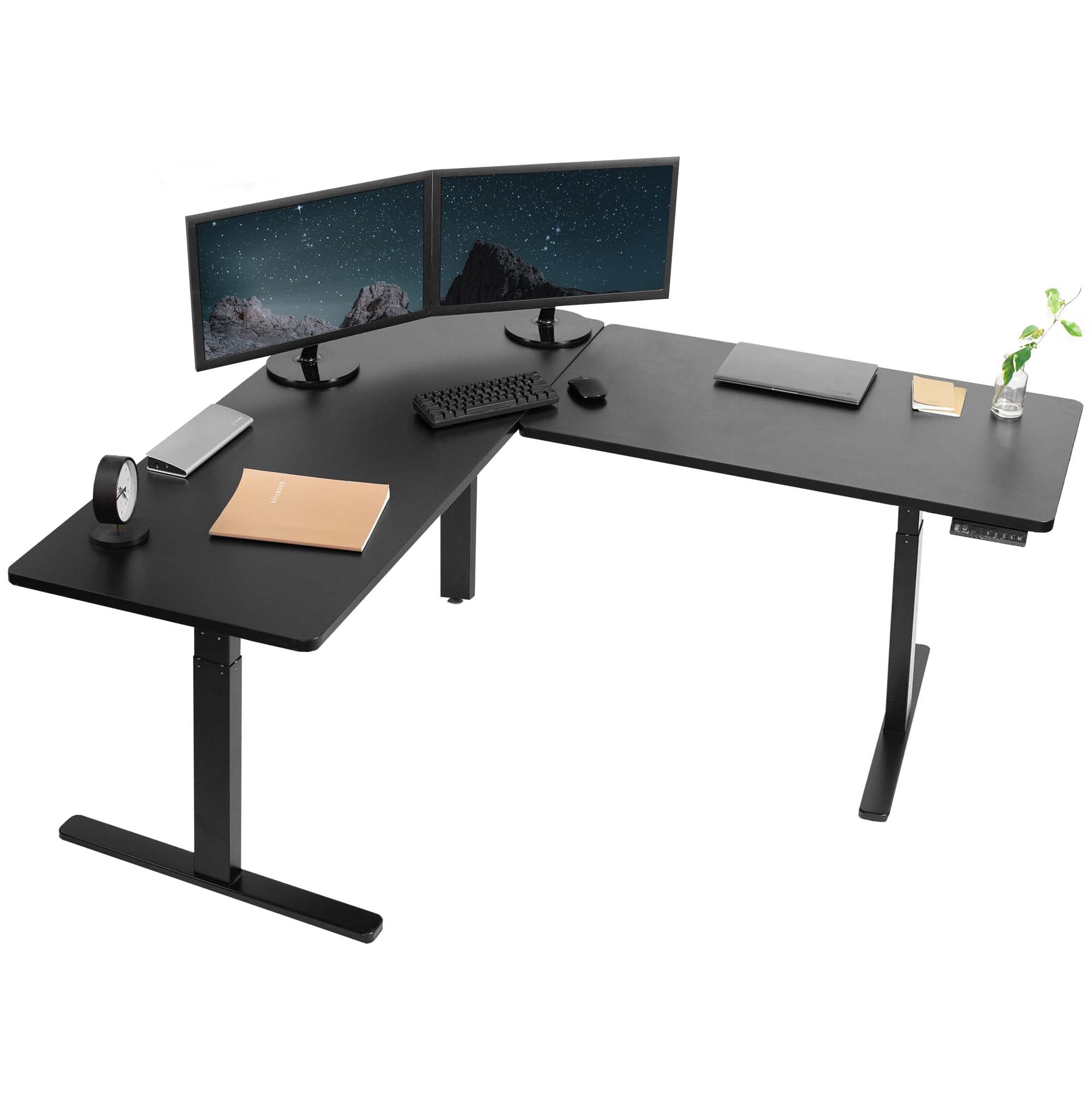 VIVO Electric Height Adjustable 67 x 60 inch Corner Stand Up Desk, 2 Black Solid Table Tops, Black Frame, Memory Controller, L-Shaped Workstation, 3E Series, DESK-KIT-3E6B