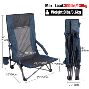 REDCAMP High Back Beach Chairs for Adults 2 Pack, Oversided Folding Low Beach Chairs for Concerts, Lightweight Portable for Camping Backpacking Outdoor Sports Events, Navy