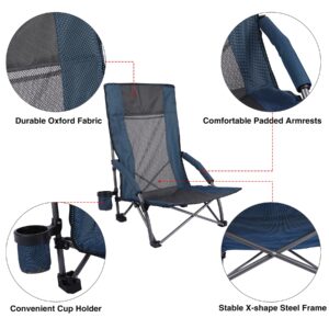 REDCAMP High Back Beach Chairs for Adults 2 Pack, Oversided Folding Low Beach Chairs for Concerts, Lightweight Portable for Camping Backpacking Outdoor Sports Events, Navy