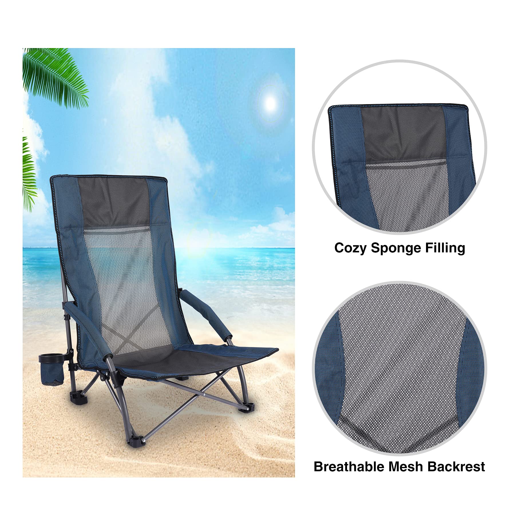 REDCAMP High Back Beach Chairs for Adults 2 Pack, Oversided Folding Low Beach Chairs for Concerts, Lightweight Portable for Camping Backpacking Outdoor Sports Events, Navy