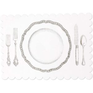 Paper Placemats for Table, White Mats with Scalloped Edge (14 x 10 in, 100 Pack)