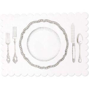 Paper Placemats for Table, White Mats with Scalloped Edge (14 x 10 in, 100 Pack)