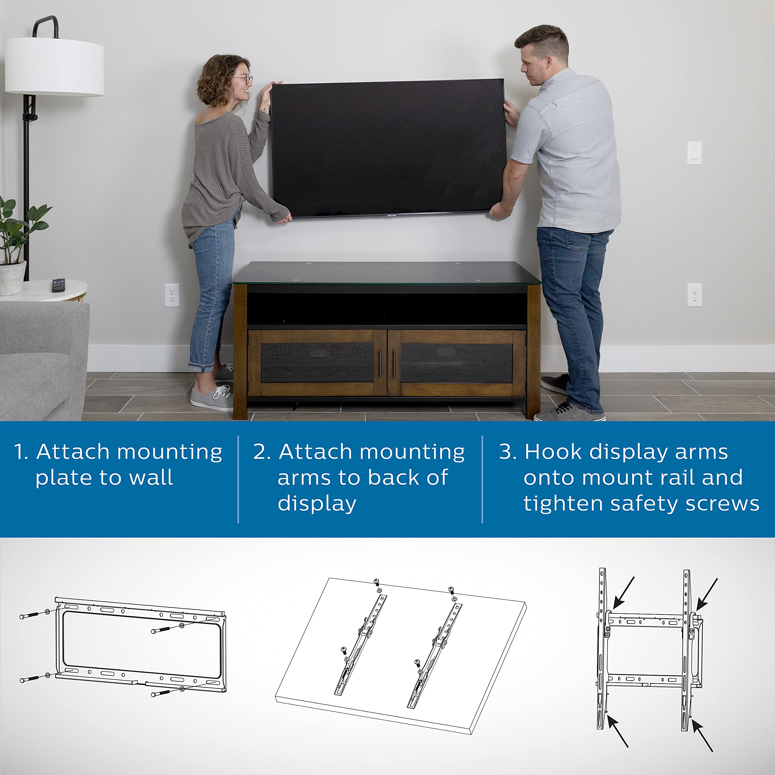 Philips Titlt TV Monitor Wall Mount Bracket for Most 30-80 Inch LED LCD OLED HDTV Flat Curved Screen TVs and Monitors with Max VESA 400x400mm up to 100lbs, Lockable Safety Bar, SQM7442/27