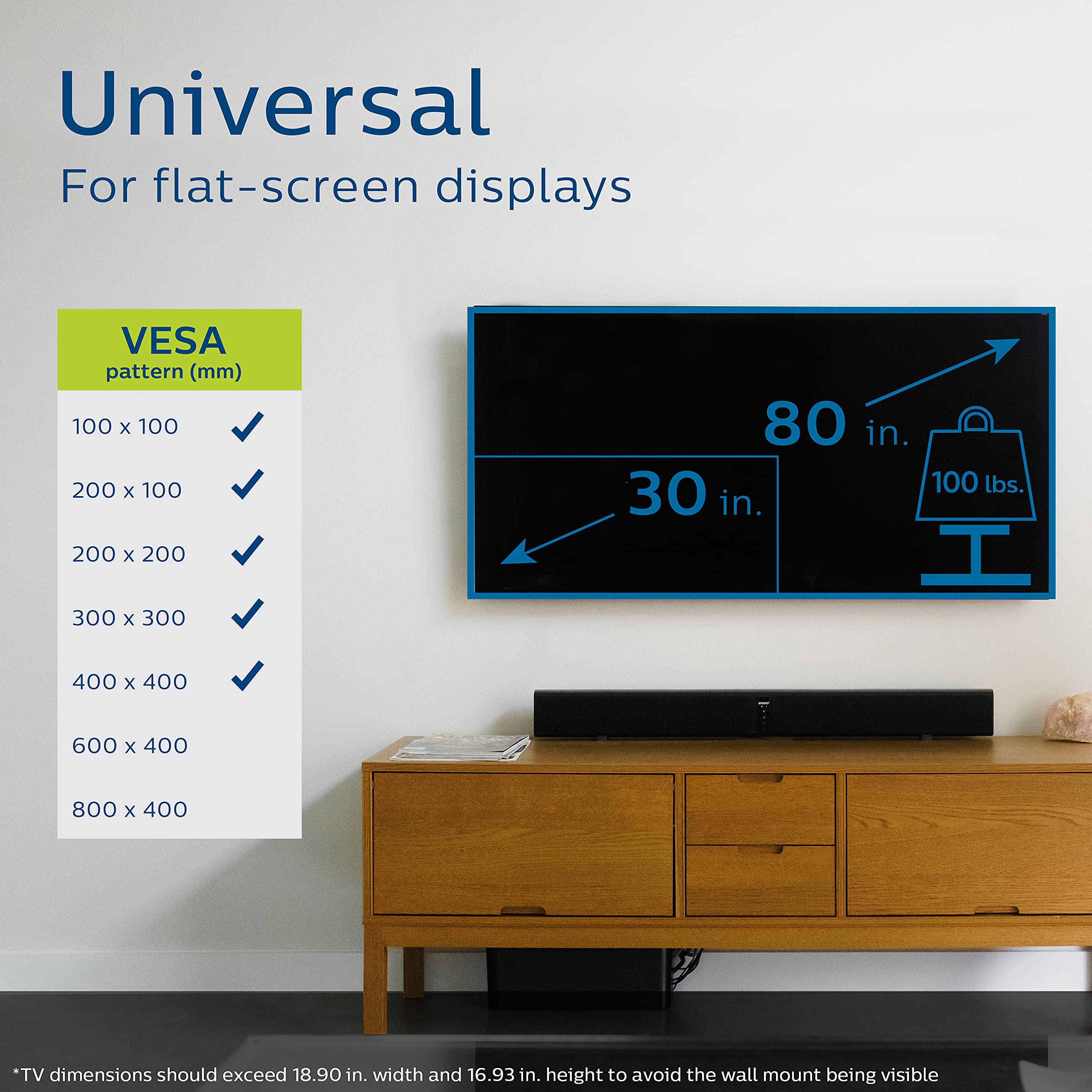 Philips Titlt TV Monitor Wall Mount Bracket for Most 30-80 Inch LED LCD OLED HDTV Flat Curved Screen TVs and Monitors with Max VESA 400x400mm up to 100lbs, Lockable Safety Bar, SQM7442/27