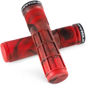 MARQUE Race Mountain Bike Handlebar Grips – Single Lock-On Ring Collar MTB and BMX Bicycle Handle Bar with Non-Slip Grip, Knurly Gritty Pattern and Half Waffle Pattern (Flame Red)