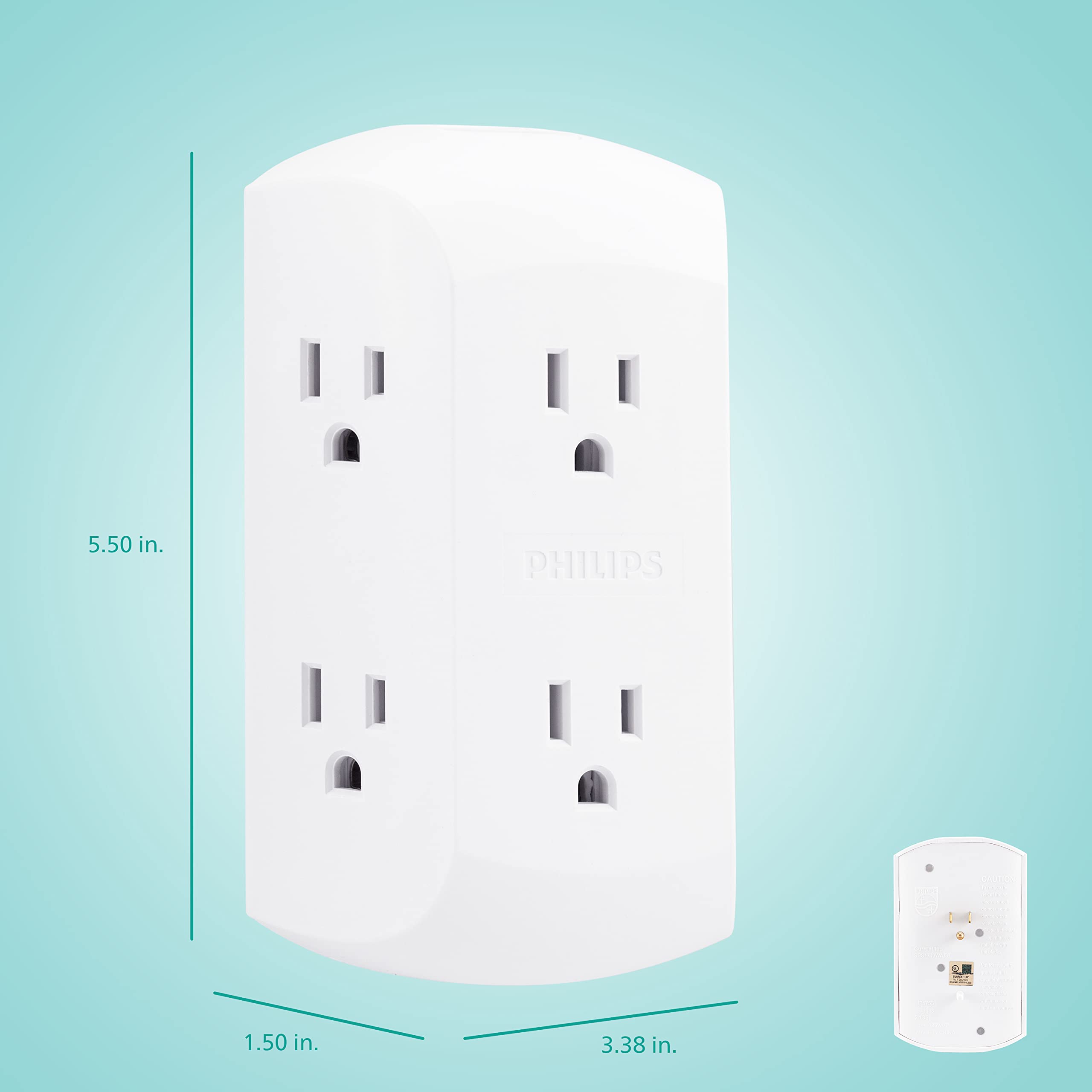 Philips 6-Outlet Extender, 2 Pack, Grounded Wall Tap, Adapter Spaced Outlets, 3-Prong, Multiple Plug, Quick and Easy Install, Cruise Essentials, Use for Home Office, UL Listed, White, SPS1742WA/37