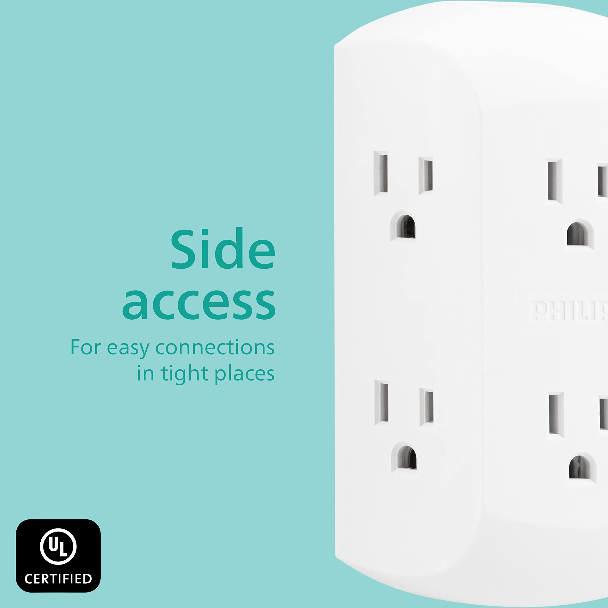 Philips 6-Outlet Extender, 2 Pack, Grounded Wall Tap, Adapter Spaced Outlets, 3-Prong, Multiple Plug, Quick and Easy Install, Cruise Essentials, Use for Home Office, UL Listed, White, SPS1742WA/37