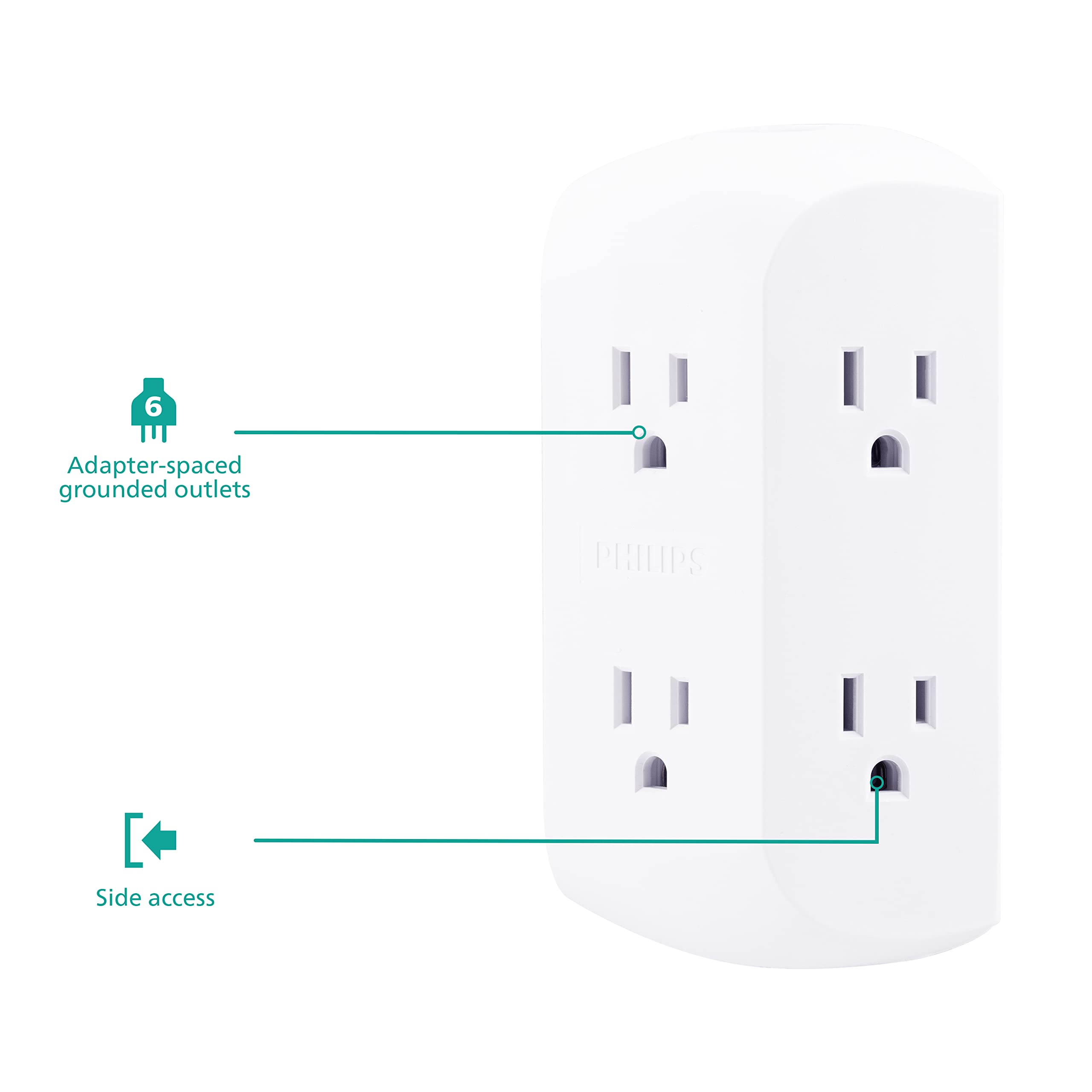 Philips 6-Outlet Extender, 2 Pack, Grounded Wall Tap, Adapter Spaced Outlets, 3-Prong, Multiple Plug, Quick and Easy Install, Cruise Essentials, Use for Home Office, UL Listed, White, SPS1742WA/37