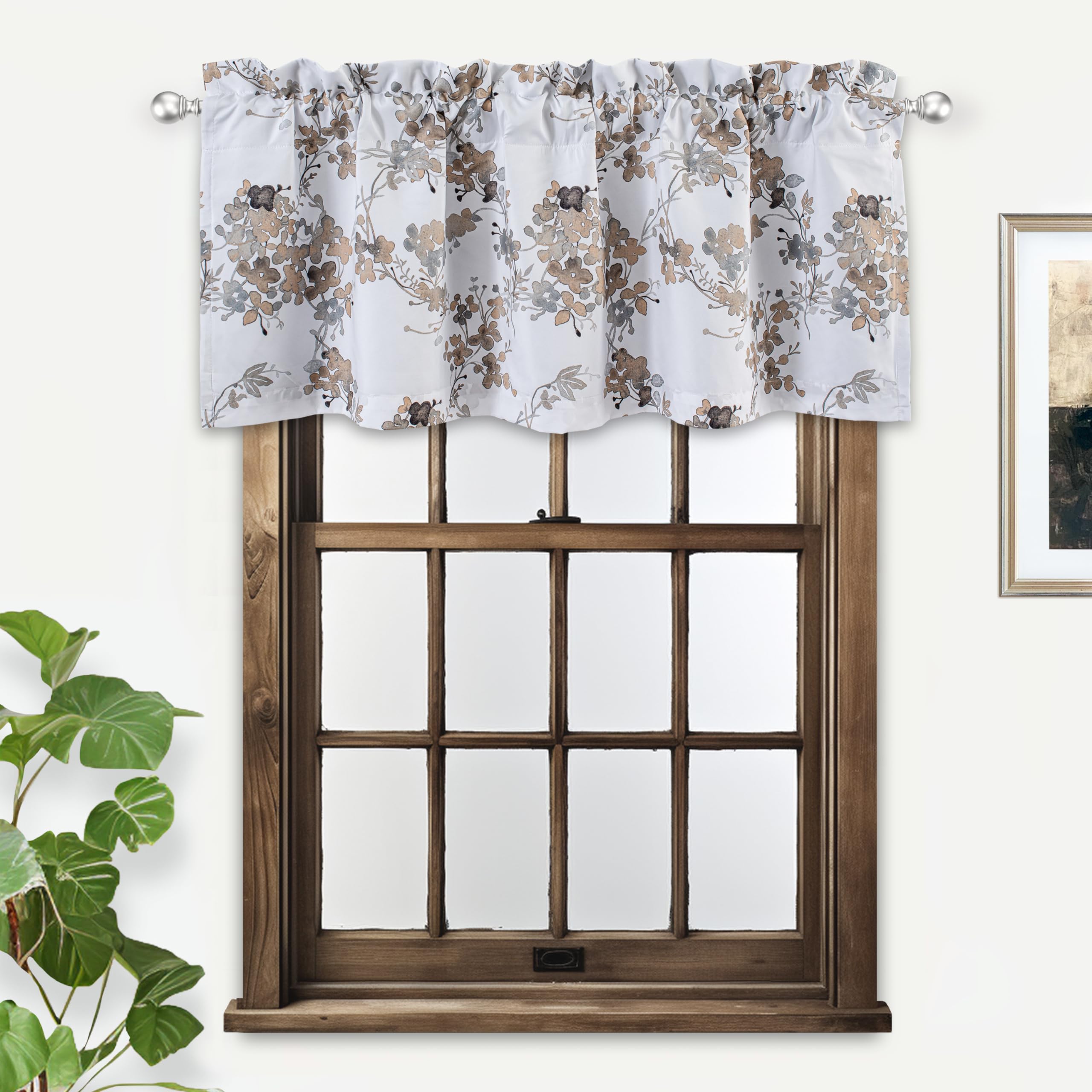 DriftAway Watercolor Floral Botanical Lined Thermal Insulated Window Curtain Valance Rod Pocket 52 Inch by 18 Inch Plus 2 Inch Header White Beige 2 Pack