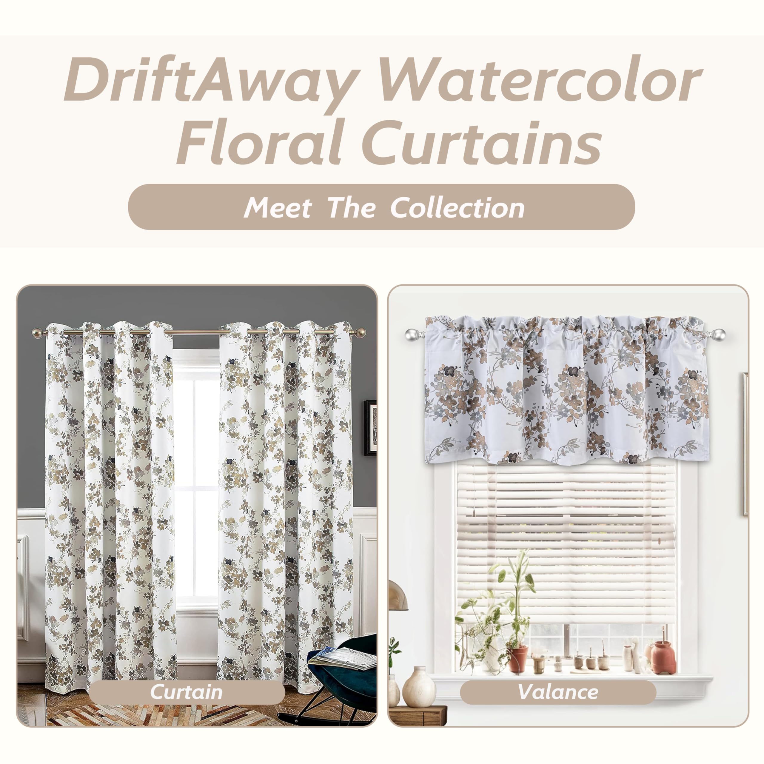 DriftAway Watercolor Floral Botanical Lined Thermal Insulated Window Curtain Valance Rod Pocket 52 Inch by 18 Inch Plus 2 Inch Header White Beige 2 Pack