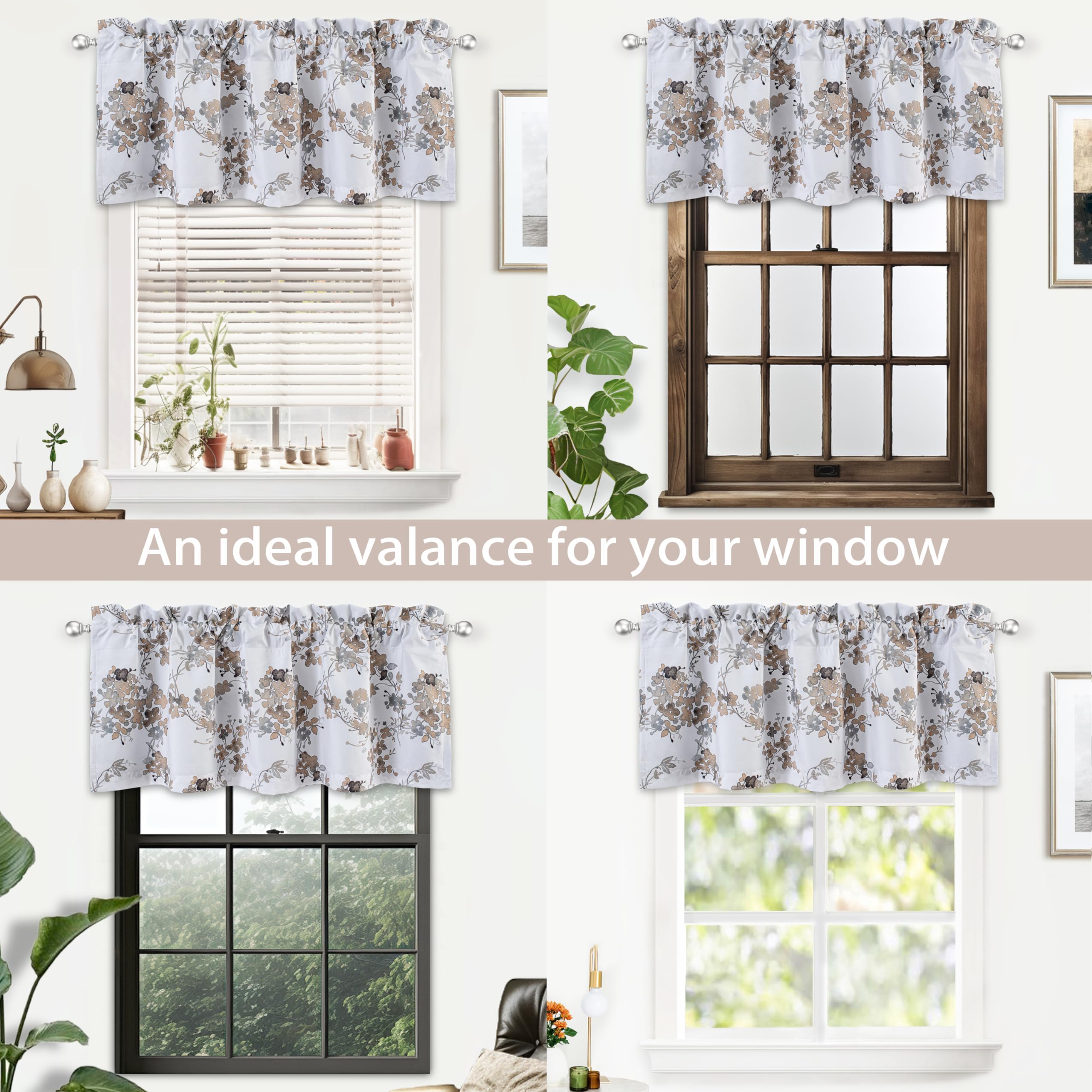 DriftAway Watercolor Floral Botanical Lined Thermal Insulated Window Curtain Valance Rod Pocket 52 Inch by 18 Inch Plus 2 Inch Header White Beige 2 Pack