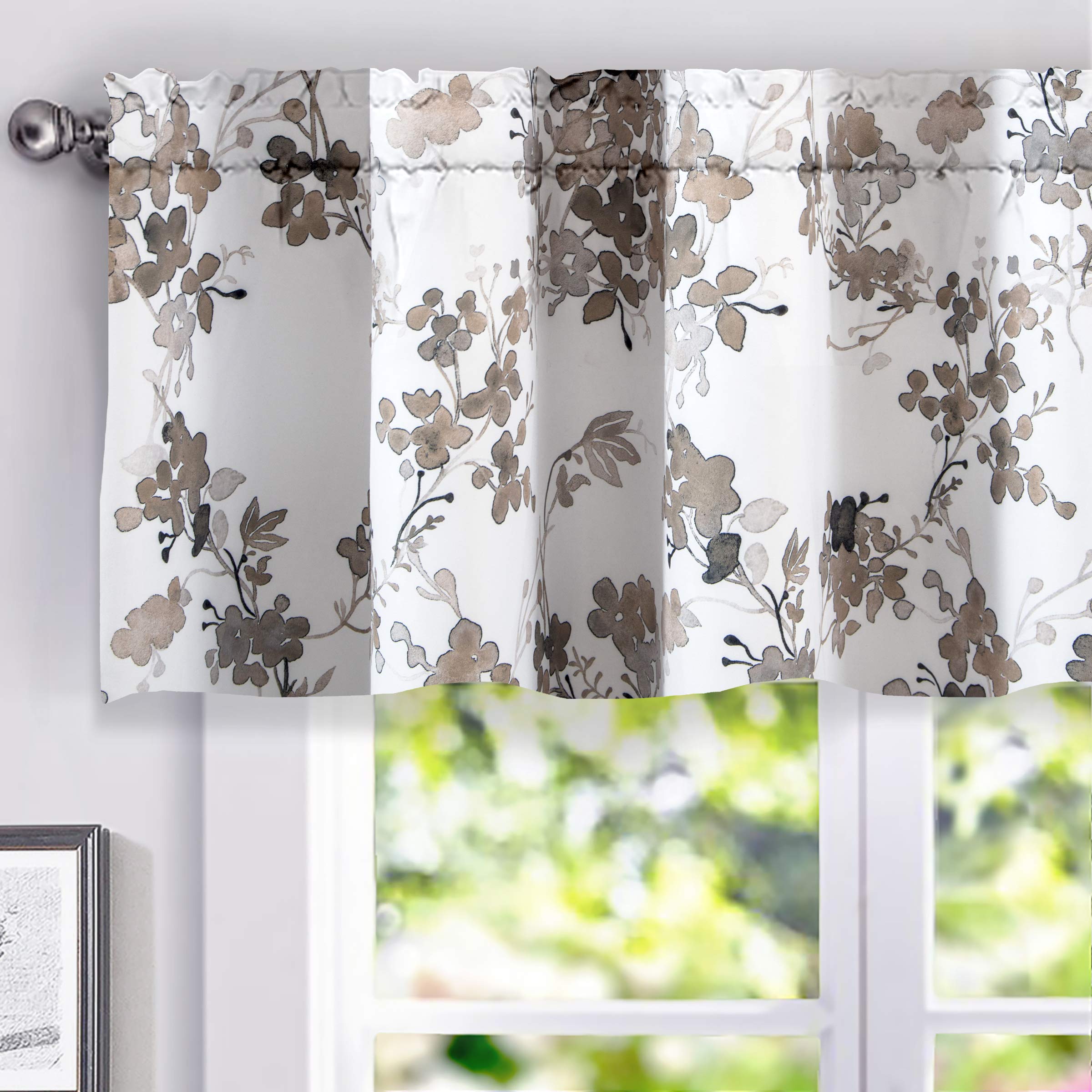 DriftAway Watercolor Floral Botanical Lined Thermal Insulated Window Curtain Valance Rod Pocket 52 Inch by 18 Inch Plus 2 Inch Header White Beige 2 Pack