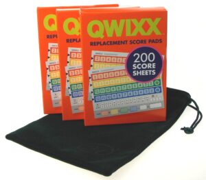 qwixx original 3 replacement score pad boxes bundle (in color) - 600 score sheets (score cards) - bonus hickoryville velour storage bag